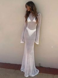 Long Sleeve Knit Beach Dres Sexy See Through Slim Maxi Dress Summer Elegant Solid Backless Holiday Outfit 2024 240327