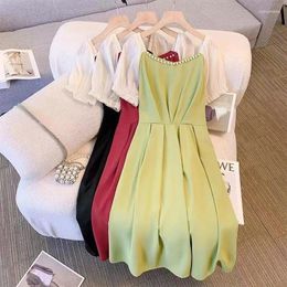 Party Dresses Bubble Sleeve Dress Women's Large Size Summer Fashion French Elegant Small Fragrance Beaded Waist And Knee Casual