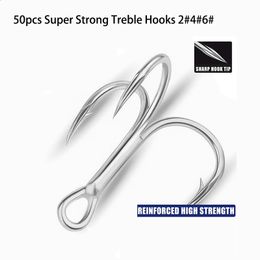 50pcs Super Strong Treble Hooks 2#4#6# High Carbon Steel Fishhooks Saltwater Triple Fishing Hooks Barbed Sharp Fishing Tackle 240328