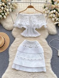 Work Dresses Luxury With Diamond Ruffled Edge Chiffon Blouse Tops Pleated Short Skirt Suits Two Piece Set Women Summer Fashion Sexy Outfits