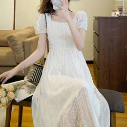 Party Dresses Summer Short Sleeve Dress Style French 2024 Embroidered Lace Square Collar Bubble High Waist Sweet White 1655