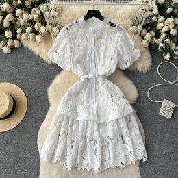 Party Dresses Runway Vintage Summer White Lace Dress High Quality Women Stand Collar Puff Sleeve Embroidery Hollow Out Vestido With Belt