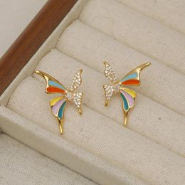 Dangle Earrings 2024 S925 Silver Ear Needle Stud Earring Cold Brass Metal Colour Enamel Butterfly Zircon For Women Gold Filled Jewelry Daily