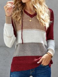 2024 new four seasons commuter knitted hoodie women's long sleeve loose color striped pullover knitted hoodie for women