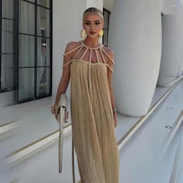 Casual Dresses Women Maxi Dress Elegant Off Shoulder With Braided Straps For Solid Colour Vacation Beach Sundress Pleated