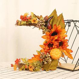 Decorative Flowers 35cm Artificial Sun Flower Moon Shape Garland Pumpkin Wreath Decor For Wedding Home Room Dining Table Office