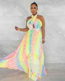 Casual Dresses WUHE Tie Dye Halter Backless Pleated With Belt Big Swing Maxi Long Dress 2024 Women Fashion Beach Evening Sexy Party