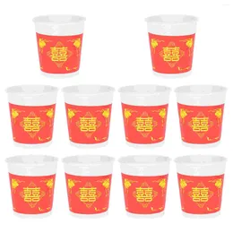 Disposable Cups Straws 50 Pcs Chinese Wedding Water Glass Vasos Con Tapas Para Bebidas Thicken Paper Banquet Serving One-off Plastic For