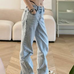 Women's denim jeans strap rhinestone logo letter retro straight long pants trousers SML