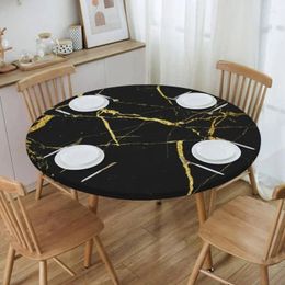 Table Cloth Round Fitted Luxe Black And Gold Marble Texture Oilproof Tablecloth 40"-44" Cover Backed With Elastic Edge