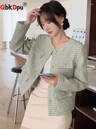 Women's Jackets Korean O-neck Tweed Single Breasted Coats Tops Women Casual Woollen Long Sleeve Abrigos Spring Fall Chic Short Wool Blend