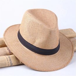 Fashion Men Straw Hat Handmade Beach Wide Brim Sunhat Summer Cowboy Cap Outdoor Panama 240403