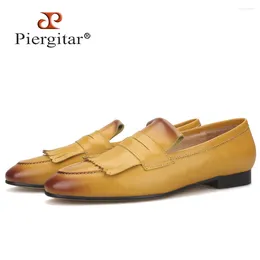 Casual Shoes Piergitar Yellow And Brown Colors Calfskin Men Penny Loafers Slip-On Men's Dress For Party Handmade Male Smoking Slippers
