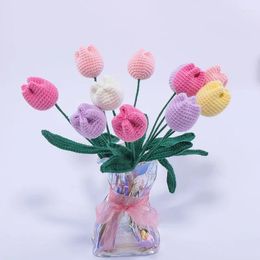 Decorative Flowers Hand-Knitted Tulips Artificial Flower Handmade Crochet Bouquet Wedding Party Home Decoration Valentine's Day Gift