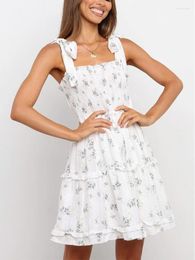 Casual Dresses For Women 2024 Sleeveless Tie Strap Beach Summer Mini Dress Ruffle Trim Smocked Embroidery Jacquard White