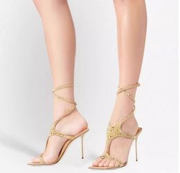 Designer summer Gold sandals for women fashion gladiator pumps ladies heels sandals Women open toe letter rhinestone wedding Evening Party prom dress shoes