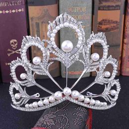 Wedding Hair Jewellery Miss Universe Crown Round Adjustable Pearl cock Feather Tiara Pageant Prom Crowns CZ Coroa Novia Bijoux Cheveux 230508 L240402