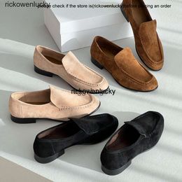 the row shoes The * Row Minimalist Suede loafers Womens Genuine Leather Flat Bottom Round Head One Step Commuter Casual Single Shoes high quality