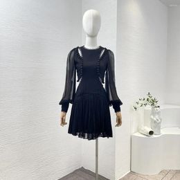 Casual Dresses 2024 Summer Spring Elegant Black Cut Out Ruched Pleats Full Lantern Sleeve Women Midi Dress