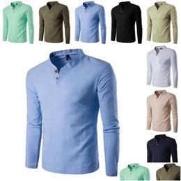 Men'S Casual Shirts Mens Plus Size Long Sleeve Men Dress Cotton Linen Buttons V-Neck Stand Collar Top Camisas Hombre Drop Delivery Ap Dhto0