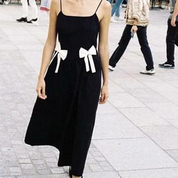 Casual Dresses Summer Women French Style Bow Spaghetti Strap A-line Midi Black Dress Party Robe