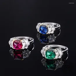 Cluster Rings Wave Design 8mm Square Shape Red Ruby Blue Sapphire Green Cubic Zircon 925 Sterling Silver Ring