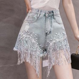 Women's Shorts Fashion High Waisted Pearl Studded Heavy Tassel Denim Women Casual Solid Colour Wide Leg Pants Jeans Girls Y2K