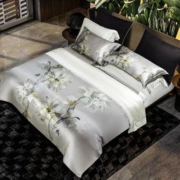 Bedding Sets 22MM Mulberry Silk Duvet/Comforter Cover 4PcsTop Grade Printed Luxury Soft Silky Buttons Closure 1Bed Sheet 2 Pillowcase