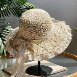 Berets Summer Hats For Women Hand Woven Lace Trim Foldable Straw Hat Hollow Bow Sun Chapeu Panama Feminino Beach