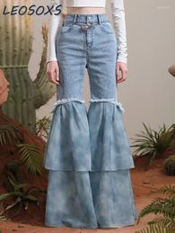 Women's Jeans High Street Tie-Dyed Denim Pants Women Personalized Slim Organza Printed Stitching Bell-Bottom Autumn Waist