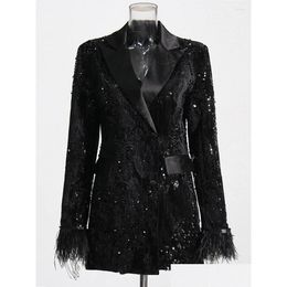 Women'S Jackets Womens High Street Est Fashion Designer Feather Coat Stylish Double Row Button Sequin Ostrich Hair Embellished Blazer Dhajh