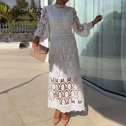 Casual Dresses Ladies Sexy Crochet Hollow Waist Long Dress Office Sleeve Party Fashion Half High Lace Splicing Maxi