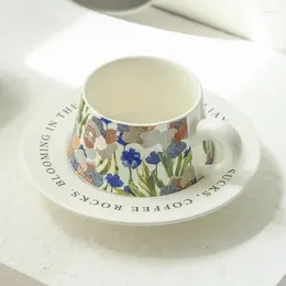 Mugs Iris Flower Mug With Plate Ceramic Hand-painted Coffee Cups Milk Tea Cup Valentine's Day Gift