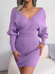 Casual Dresses Bodycon Sweater For Women 2024 Autumn Winter Long Sleeve Knitted Clothes White Green Blue Black Purple