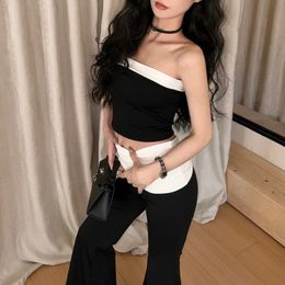 2024 Summer American Contrast Color Patchwork Casual Wide Leg Pants Women Backless Sexy Slim Camisole Two-Piece Suit 240326