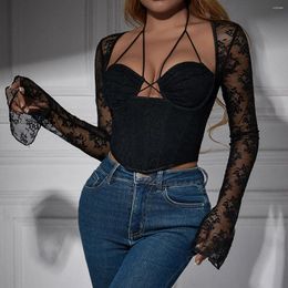 Women's Tanks Sexy Hollow Out Long Sleeve Corset Black Lace Halter Crop Bustier Summer Streetwear Y2k Slim Fit Tank Top Lingerie Camis