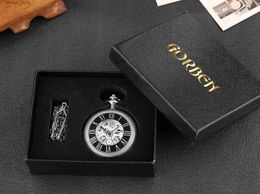 Pocket Watches Antique Steampunk Vintage Roman Numerals Automatic Mechanical Pocket Necklace Silver Black Retro Clock Chain Reloj Hombre L240402
