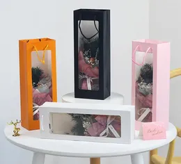 Gift Wrap Rectangle Package Bag Visible Window White Pink Black Paper Wine Flower Present Birthday Festival Packing Case SN