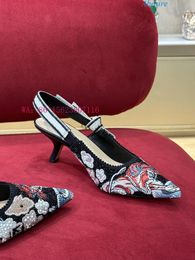 Dress Shoes Fashion Black Embroidered High Heels Show Back Strap Women's Stiletto Pointed Toe
