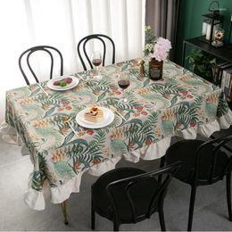 Table Cloth Green Plant Pattern Flounces Tablecloth Rectangular Round Cotton Linen Dustproof Tabletop Cover Restaurant Decorative