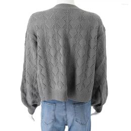 Women's Knits Puffed Sleeve Cardigan Stylish Cropped Sweater V-neck Long Solid Color For Autumn Winter Fashion Crochet