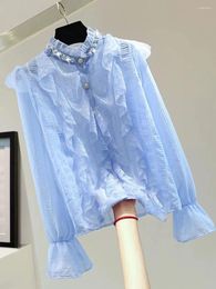 Women's Blouses Luxury Exquisite Diamond Beaded Stitch Ruffles Shirts And For Women 2024 Spring Summer Long Sleeve Tops Blusas