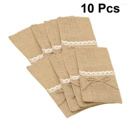 Party Decoration 10pcs Burlap Jute Lace Cutlery Pocket Tableware Bag For Knives Forks Utensils Holder Vintage Table Wedding Christmas