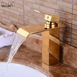 Bathroom Sink Faucets Gold Waterfall Bath Water Mixer Golden Basin Faucet And Cold Deck Mounted ELS1502G