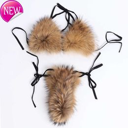 2024 New Fashion Designer Sexy Bikini Sets Cheap Womens YOLOAgain Women Natural Raccoon Fur Real Sexy Set Bra Detachable 230313