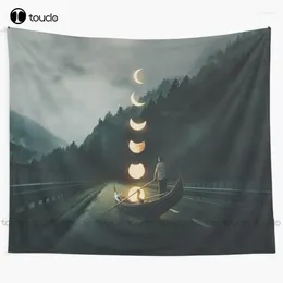 Tapestries Moon Ride Man Gondola Landscape Forest Tapestry Nature Wall Blanket Bedroom Bedspread Decoration Covering