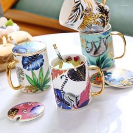 Mugs Luxury Ceramic Mug With Lid Spoon Animal Pattern Coffee Cup Milk Water Drinking Tea Party Home Drinkware Gift Box