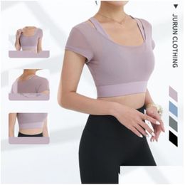Yoga Outfit Lu Summer Clothes Short-Sleeved Fitness Sports Running Mesh Sweat-Absorbing Fake Two-Piece Gathered Underwear Bra Drop Del Dhkqz
