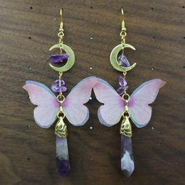 Dangle Earrings Amethyst Crystal Butterfly Fairy Pendant Unique Moon Golden Gifts For Her