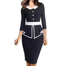 Casual Dresses Women's Elegant Seven Points Sleeve Ruffle Round Neck Dress Office Lady Commuter Slim Fit Waisted Package Hip